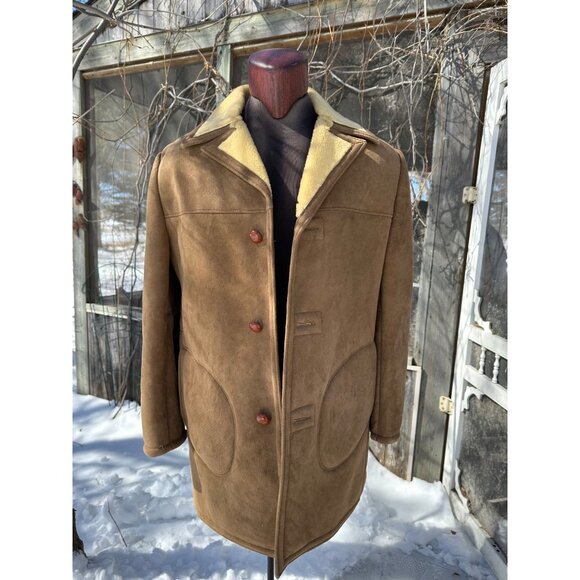 60s 1960s Rancher Brown Shearling & Suede Coat Sheepskin Lambswool Vintage Sz 42 - Picture 1 of 13